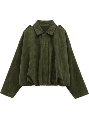 Women's Army Green Faux Suede Cropped Bomber Jacket Long Sleeve ZIP Up Coat